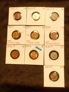 1952-1997 Pennies (8) 1955 Steel Penny 1997 Mint Error Penny, and 1972 and 1985 Dimes