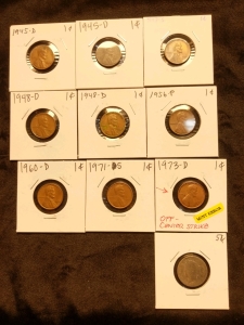 1945-1973 Pennies (9) Off Center Strike 1973 Penny, and 189? Liberty V Nickel