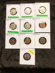 1929-1938 Buffalo Nickels (5), 1944-1946 Pennies (4), and 2007 D Series Mint Error Dime