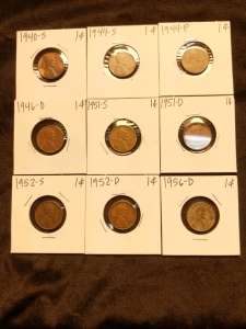 1940-1956 Pennies (9) S, D, P Series