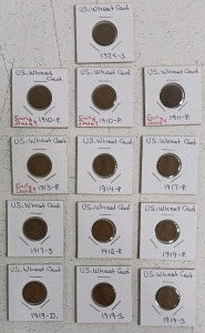 (13) US Wheat Cents - Early Dates 1910 to 1925
