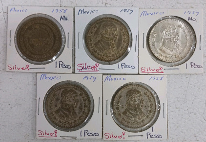 (5) Silver Mexican 1 Peso Coins - 1957, 1958, 1959