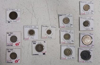 (13) Assorted Silver Coins - Great Britain, Colombia, Sweden, Australia, Mexico, Switzerland