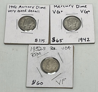 (2) 1942 Mercury Dimes VG, VG+ And (1) 1952 Roosevelt Dime VF (All Carded)