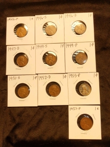 1942-1957 Pennies (10) S, D, P Series