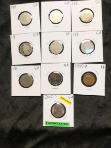 Liberty V Nickels (7), Buffalo Nickel, 1955 D Series Penny, and 2002 D Series Uncirculated Mint Error Nickel