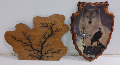 (1) Fractal Wood Burned Art (1) Wolf & Eagle Clock - Missing Clock Part [5000]