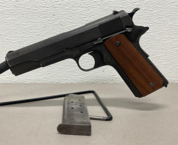 WWI U.S. Army Colt 45, Model 1911 .45 Caliber, Semi Automatic Pistol W/ Two Toned Magazine Toe Marked “B”, Barrel Lug Marked “P”, Above Firing Pin Marked “H”, (Produced October 1918-May 1919, W/ Replaced Grips