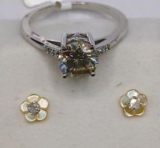 14K Gold Diamond Ring (size 7) with 14K Gold Diamond and Mother of Pearl Earrings