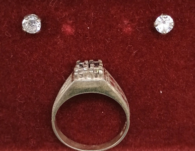 14K Gold Diamond Stud Earrings and Silver Diamond Ring (4.5)