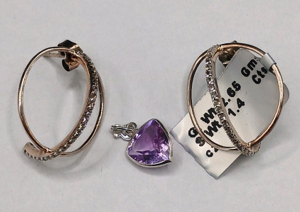 14K Hand Crafted Amethyst Pendant, .925 Sphere Earrings