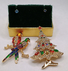 (2) Holiday Pins and Blue Stud Earrings