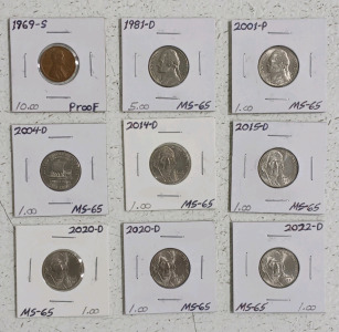 (9) Collector's Coin Set - (1) 1969-S Proof Penny (8) Jefferson Nickels 1981-D to 2022-D MS-65