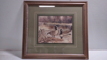 "Untitled" Painting of Two Ducks Next to A Tree Stump In the Lake By "Wanda Mumm" Inspected By L. Schultz