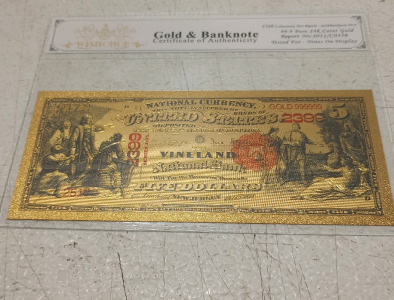 $5 Vineland National Bank 99.9 Pure 24k Carat Gold Flake BankNote With COA