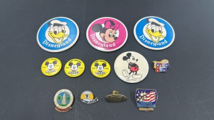 (11) Assortment of Vintage Pins Including: Mickey Mouse, 1978 Mickeys 50th Birthday, Disneyland, Sports Illustrated, Varsity Pin, San Diego Bowling, and More