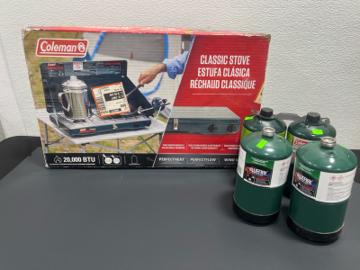 (1) Coleman Two Burner Propane Stove and (4) 16oz Propane Gas Canisters