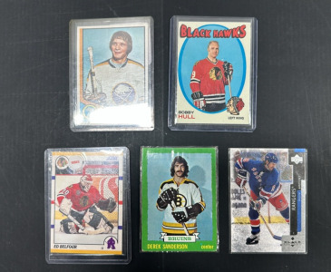 (5) Various Hockey Sports Cards Including: Wayne Gretzky, Derek Sanderson, Ed Belflour, Mike Robitaille, and Bobby Hull (More Info in Photos)