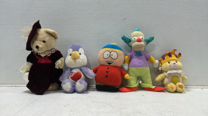 (5) Various Vintage Plushies Including: Fancy Teddy Bear, Eric Cartman, Krusty the Clown, Care Bear, and Heart Penguin