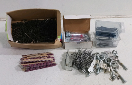 (1) Box of Drywall Screws (1) ULINE Concrete Installation Kit - H-2121 (1) Lot of Collated Nails (1) Lot of Joist Hangers & Eye Bolts w/ Nuts - 3/8"x5"