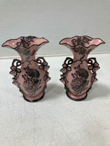 (2) Vintage Matched 1930's Italian Made Pink & Black Tall Mantle Vases