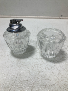Vintage Clear Crystal Cut Glass Table Lighter w/ Extra Glass Container