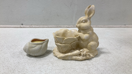 Antique Bunny Planter & Seashell Candle