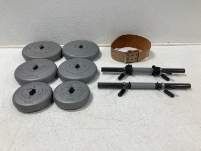(2) Dumbbell Bars, (6) Assorted Weights, Weightlifting Belt