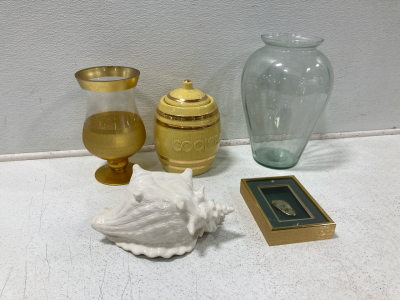 Vintage Crystal Glass Vases, Antique Cookie Jar, Decorative Sea Shell & Vintage Framed Gold Seashell