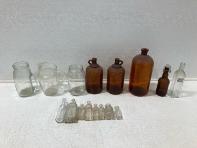 (16) Vintage Glass Medicine Bottles, Vintage Pitchers & Vintage Amber Glass Jars