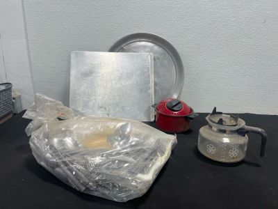 Assorted Kitchenware- (1) Glass Mr.Coffee Coffee Pot Carafe 10-12 Cup (1) Metal Cooking Pot with Lid (2) Cookie Sheets (1) Bag Full of Silverware and Sikverware Organizer