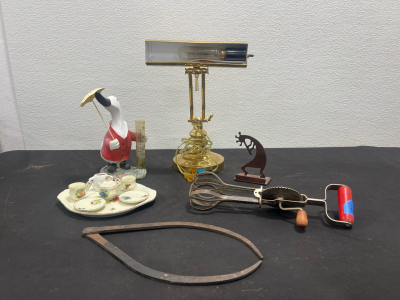 Assorted Vintage Items- (1) Vintage 2 Egg Beater Hand Mixer (1) Gold Lamp (1) Mini Teacup Set And More!!