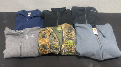 (1) Cabelas Kids- Size M -Hunting Jacket (1) Carhartt Mens- Size XL -Grey Jacket (1) Under Armour Grey Jacket -Size YXL (1) The North Face- Size M-Navy Blue Jacket (1) Marmot Black Size L -Black Jacket (1) Columbia Size M-Black Jacket