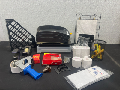 Assorted Office Supplies- File Organizers, Staples, Tape Dispensers, Envelopes, Highlighters and more!