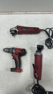Chicago Electric Power Tools Corded Cutoff Tool, Milwuakee Electric Drill (No Battery), Hyper Tough Angle Grinder
