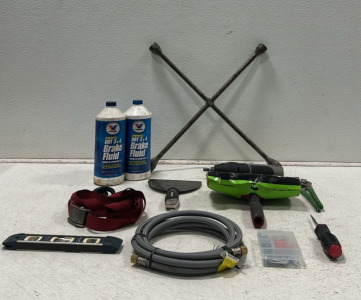 Cross Tire Iron, Dremel 8220, (2) Valvoline Brake Fluid, Husky Paint Scraper, Shur-Line Deck Pad, Adjustable Wrench, Flathead Screwdriver, Empire Leveler, Ratchet Strap, and More Various Tools