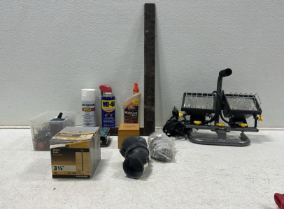Chicago Electric Dual Stand Light, Metal Corner Ruler, Rustoleum Flat Protective Enamel, WD-40, Elmers Wood Glue, (5) Boxes and Bags of Various Fasteners, Vacuume Brsuh Attachment