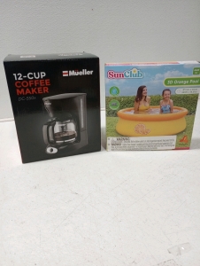 (1) Mueller 12 Cup Coffee Maker, (1) Sun Club 3d Orange Pool 5ftx16.5" and Whole Box Amazon Overstock