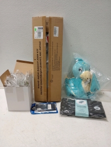 ROUND METAL BALLOON ARCH KIT, BOX OF TIARAS, DRAGON STUFFY, Phone Cases, PORTABLE DIAPER CHANGING PAD and Whole Box Amazon Overstock
