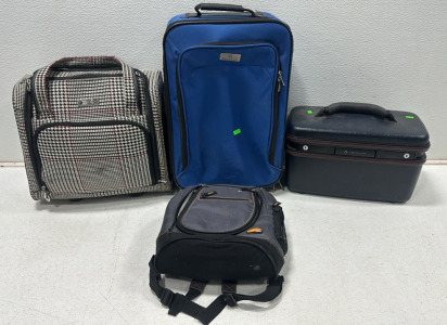 London Fog Houndstooth Rolling Carry-On Suitcase, Vintage Samsonite Silhouette Train Suitcase, Protege Blue Rolling Suitcase, Thermos Raya Cooler Backpack