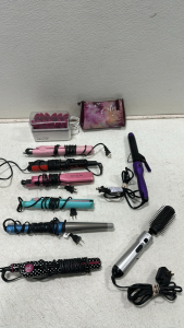 Clairol Quicklift Heated Styling Clips, Assortment of (8) Various Hair Stylers Including Straighteners, Curlers, and More, Vinyl Makeup Bag (More Info in Photos)