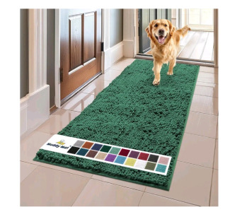 (1) Muddy Mat Shown on TV &ndash; Super Absorbent Microfiber Dog Door Mat For Muddy Paws, Non-Slip Washable Pet Rug, Quick Dry Chenille Entryway Carpet, Machine Washable Indoor Outdoor mat, Dark Green 60"x24"