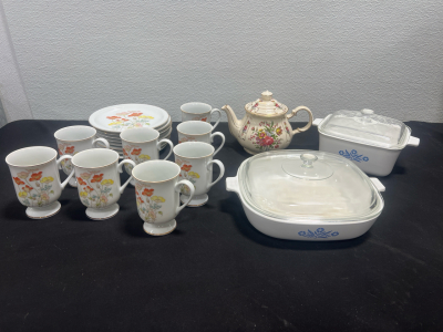 (2) 10" P-10-B Corning Ware Dishes With Lids w/ Vintage Fancy Floral Collection Painted Poppy Coffee Cups & Plates (8) Each