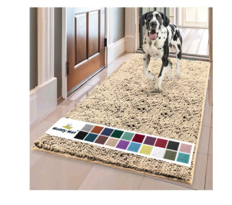 (1) Muddy Mat, Shown on TV &ndash; Super Absorbent Microfiber Dog Door Mat For Muddy Paws, Non-Slip Washable Pet Rug, Quick Dry Chenille Entryway Carpet, Machine Washable Indoor Outdoor mat, Beige 60"x24"