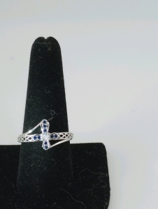 Sapphire Cross ring size 9,Blue Sapphire+Aquamarine ring size 9 silvertone