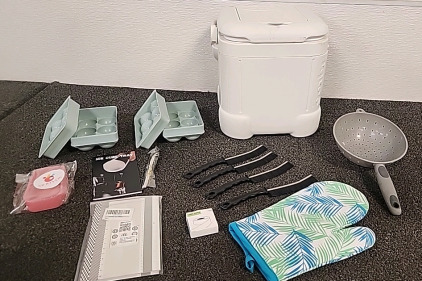 Igloo Cooler.. Strainer... Oven Mit... 4 Small Brushes... Ice(cube) Ball Making Kit.. And More...