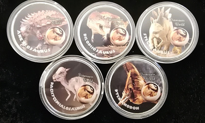 (5) Dinosaur World Jurassic Times Silver Plated Collectible Coins