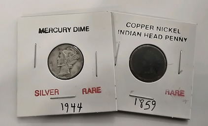 1944 Mercury Dime, 1859 Copper Nickle Indian Head Penny