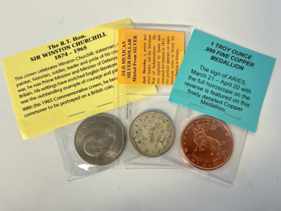 Winston Churchill Coin, Mexican Silver Dollar, and 1 Troy Ounce Fine Copper Medallion
