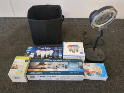 Assorted light bulbs and lamp